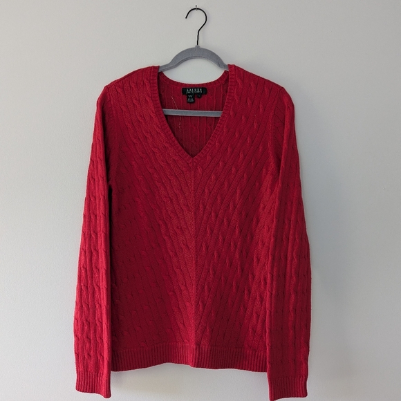 Ralph Lauren Sweaters - Lauren Ralph Lauren Silk Blend V-Neck Cable Knit Sweater Ribbed Chunky Red
